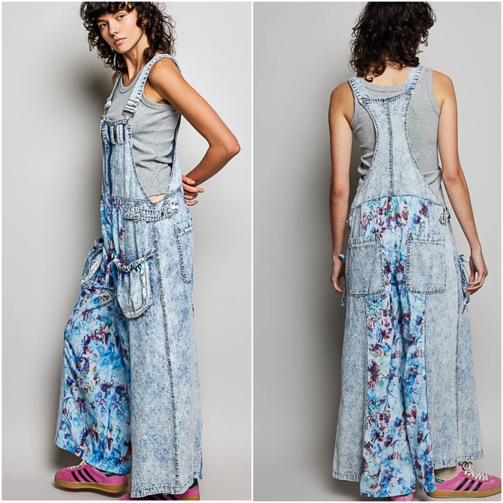 POL Acid Wash Floral Print Pockets Wide leg Denim Jean Bib Overalls - Picture 5 of 5